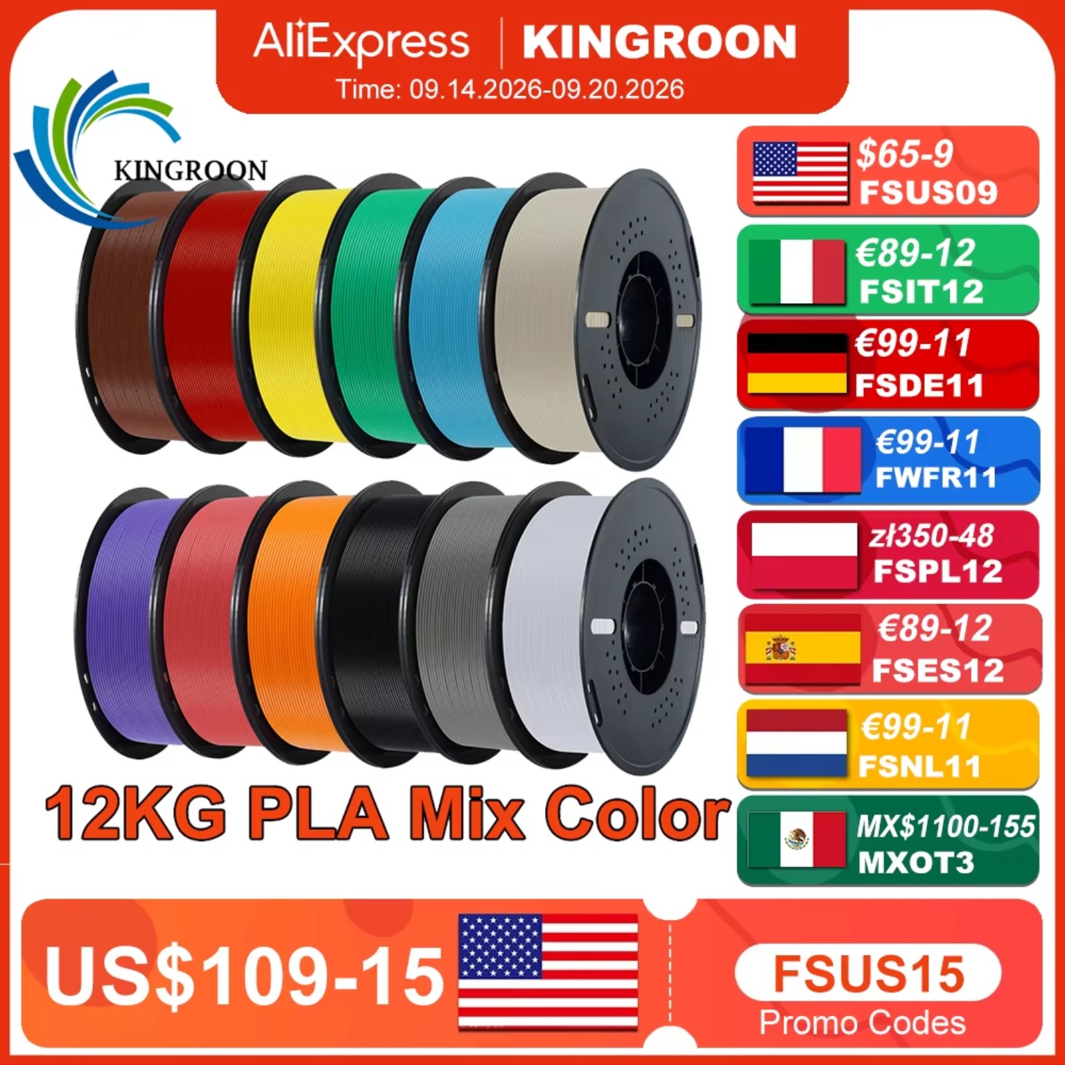 KINGROON 10KG Multicolor PLA Filament