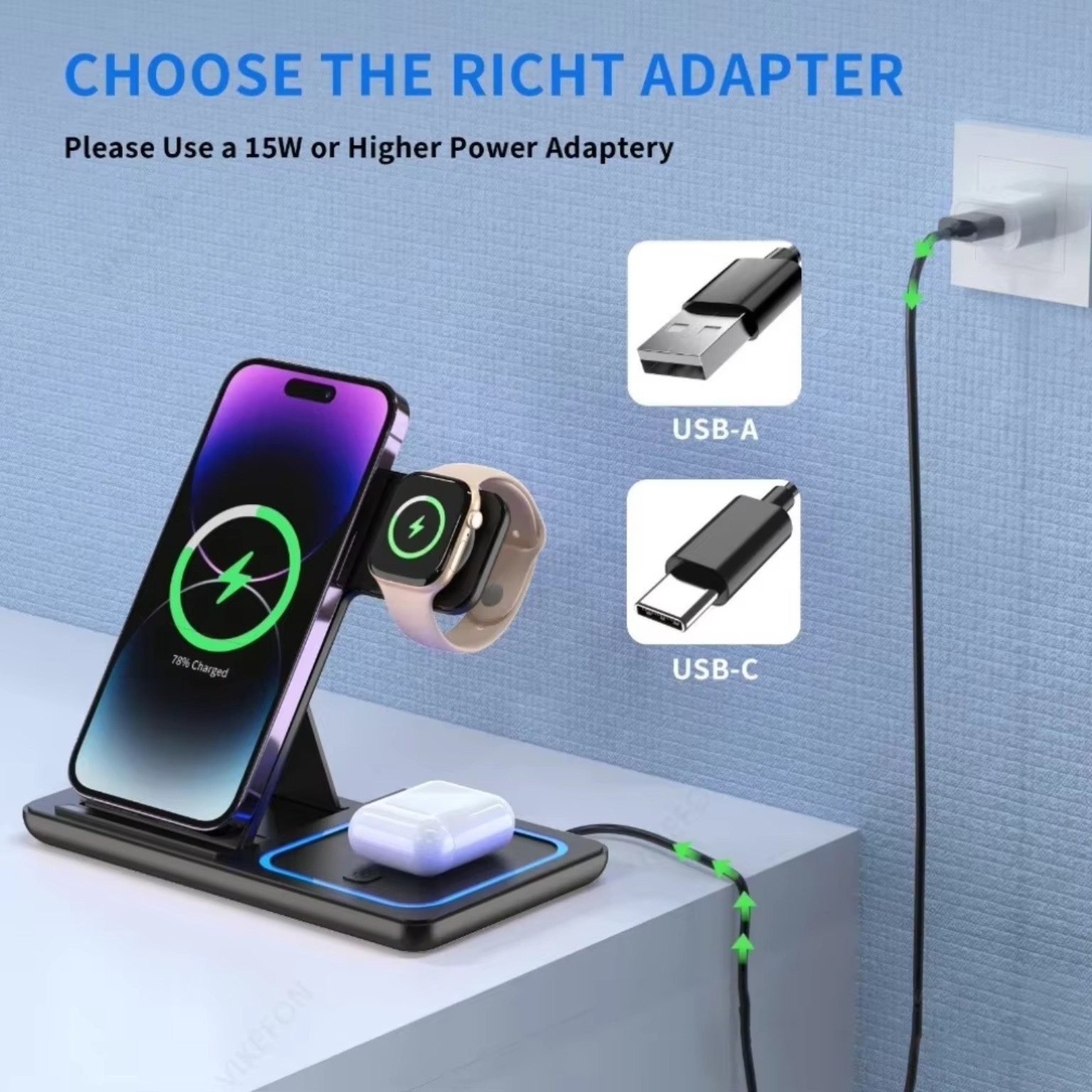15W fast 3-in-1 magnetic wireless charger stand for iPhone, Apple Watch and AirPods