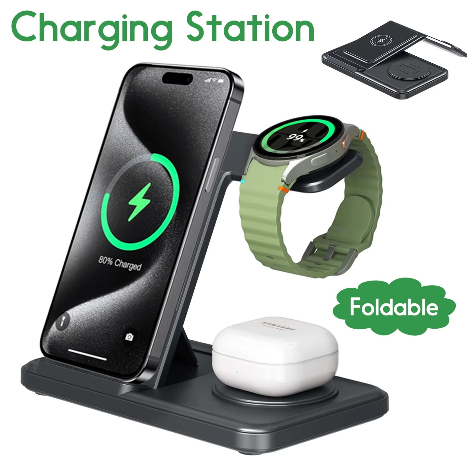 Desktop 3-in-1 wireless charger station for Samsung phone, Galaxy Watch and Galaxy Buds