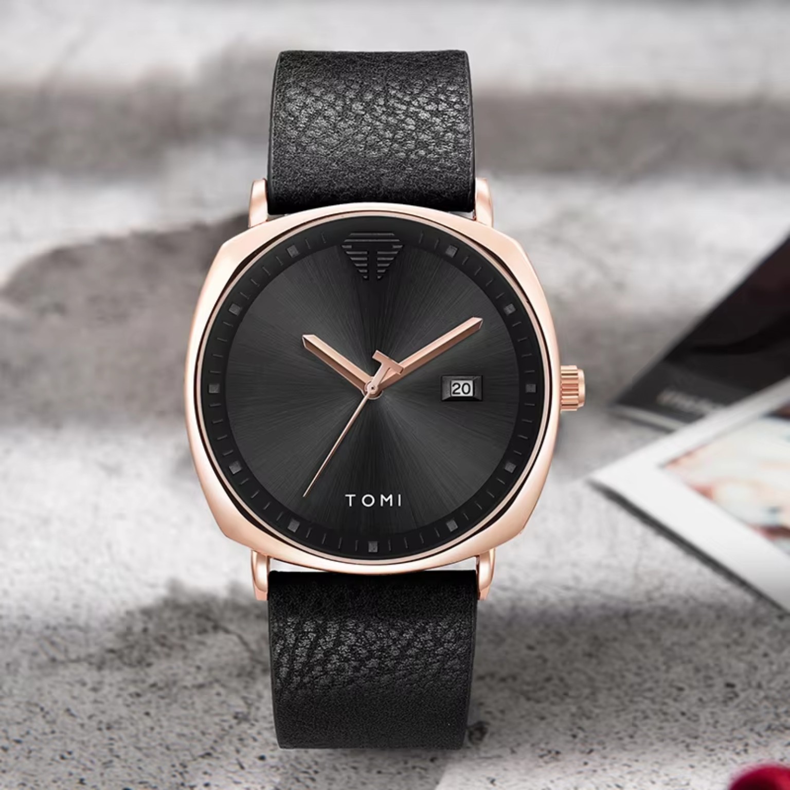 TOMI men's black dial leather watch