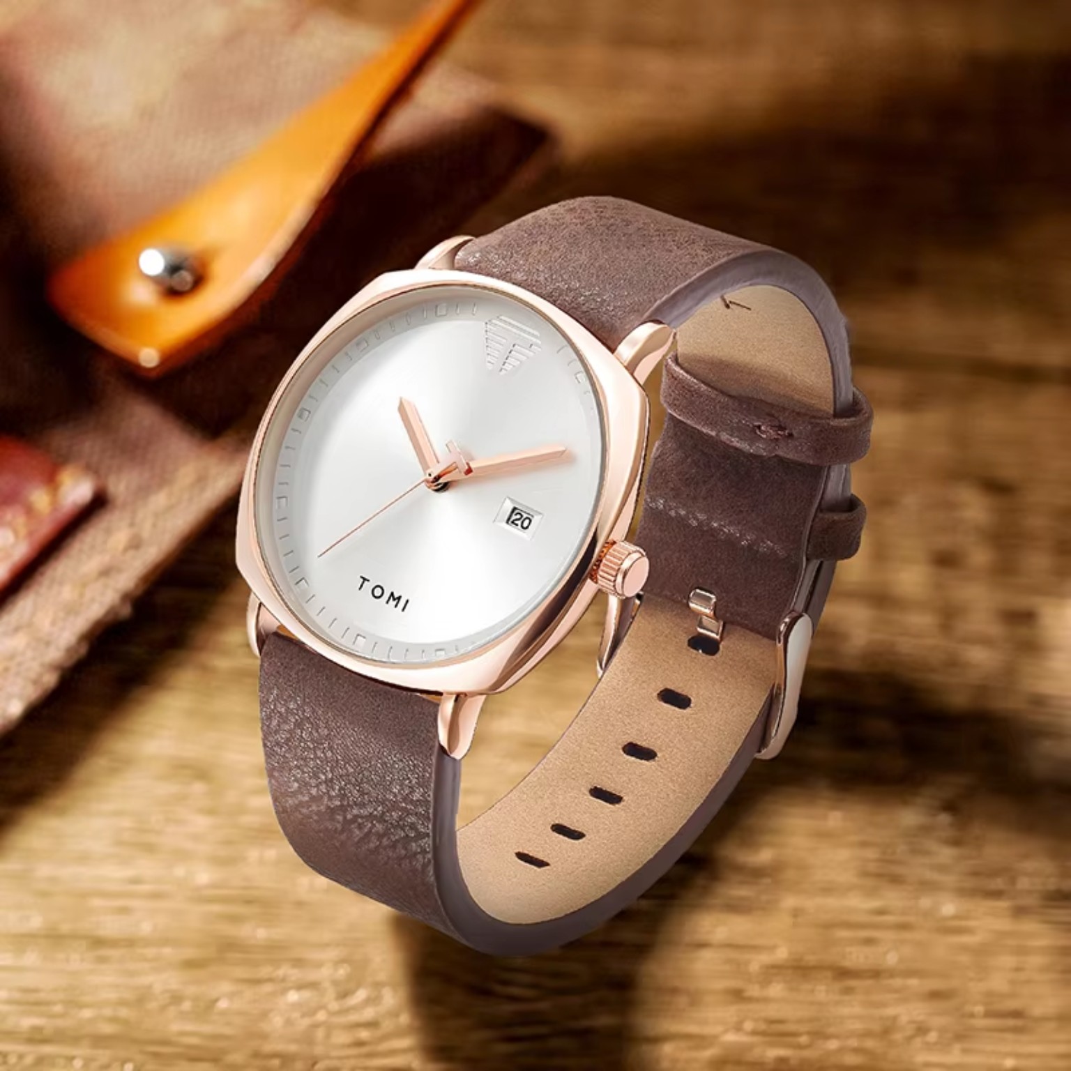 TOMI men's rose gold white dial leather watch
