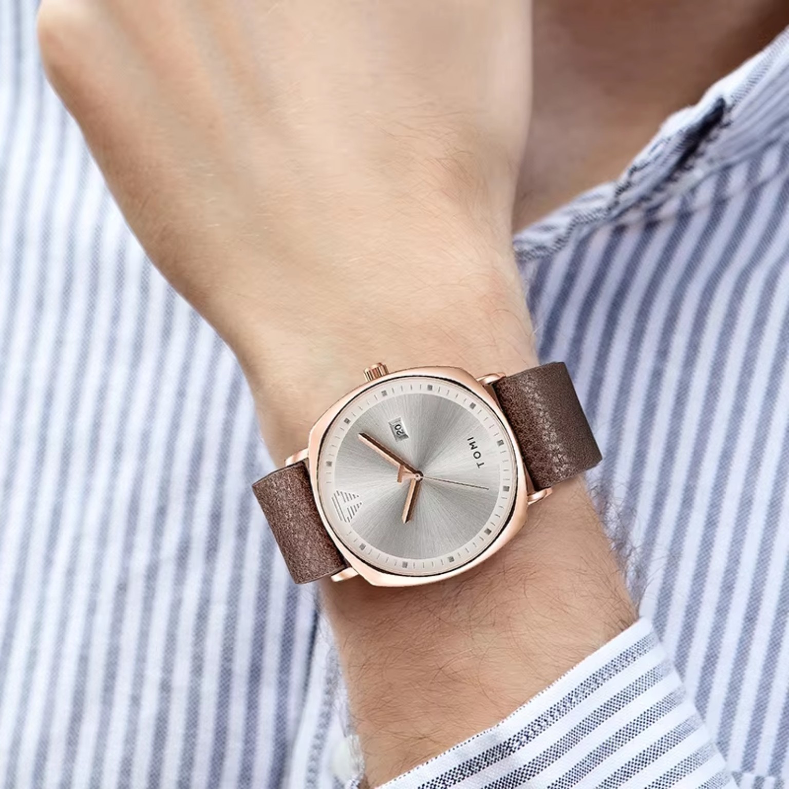 TOMI men's silver dial brown leather watch