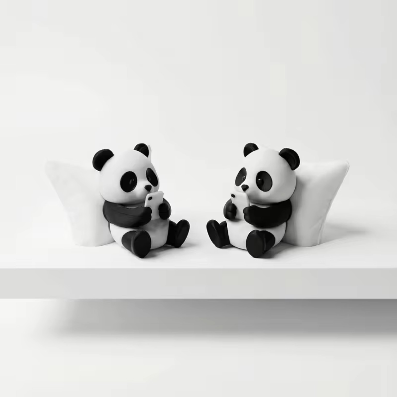 Two panda figurines with phones