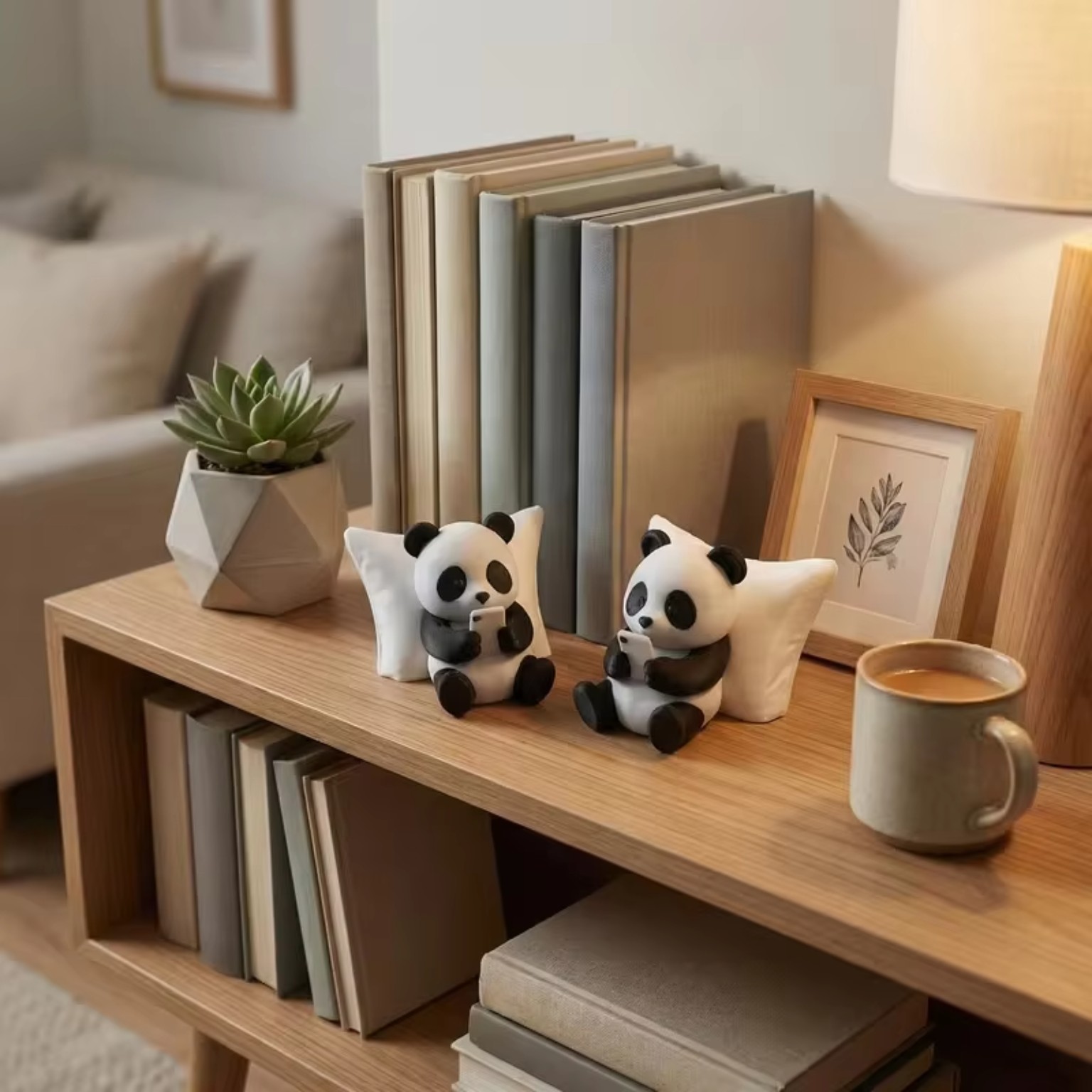 Panda ornaments on shelf