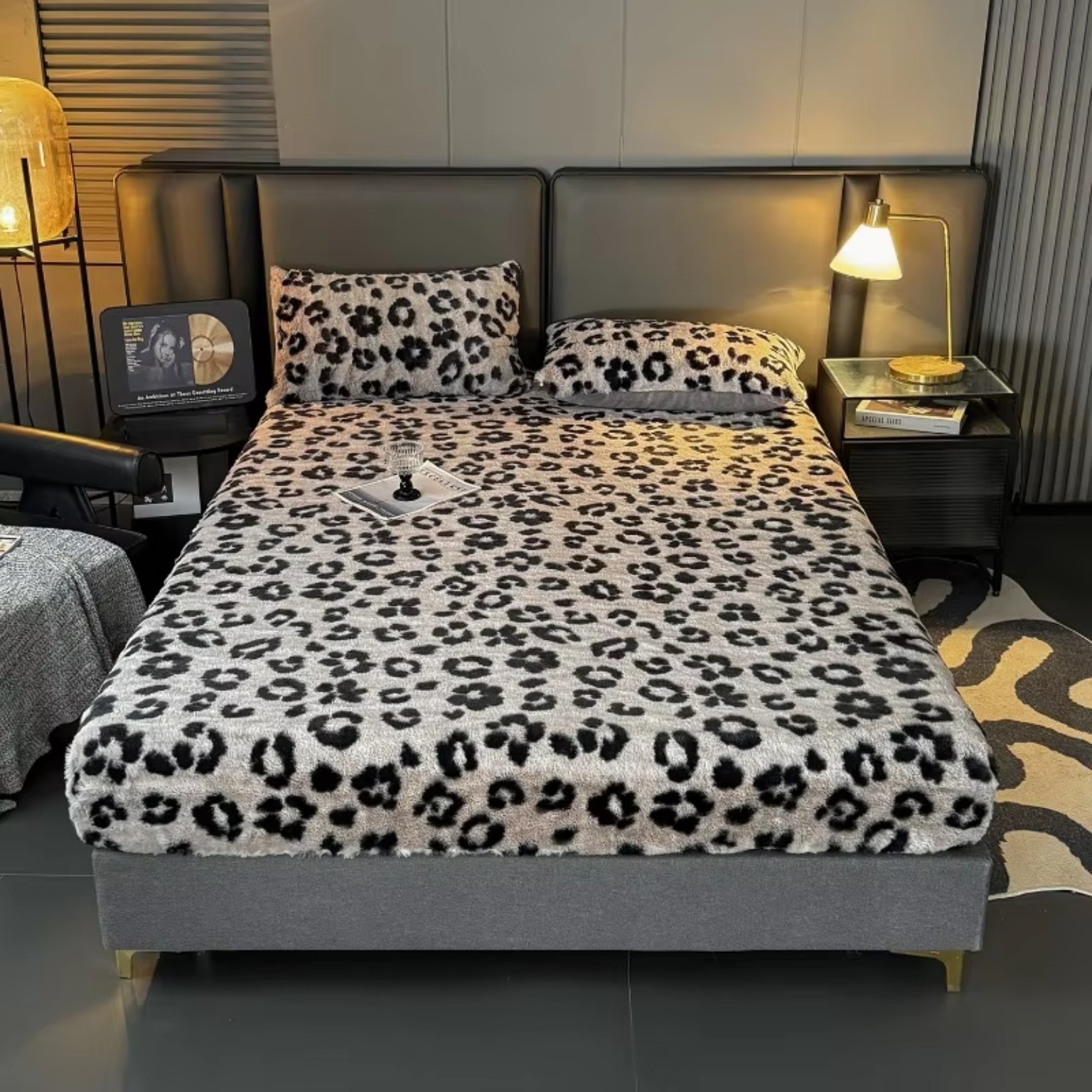Leopard print plush bed cover close-up