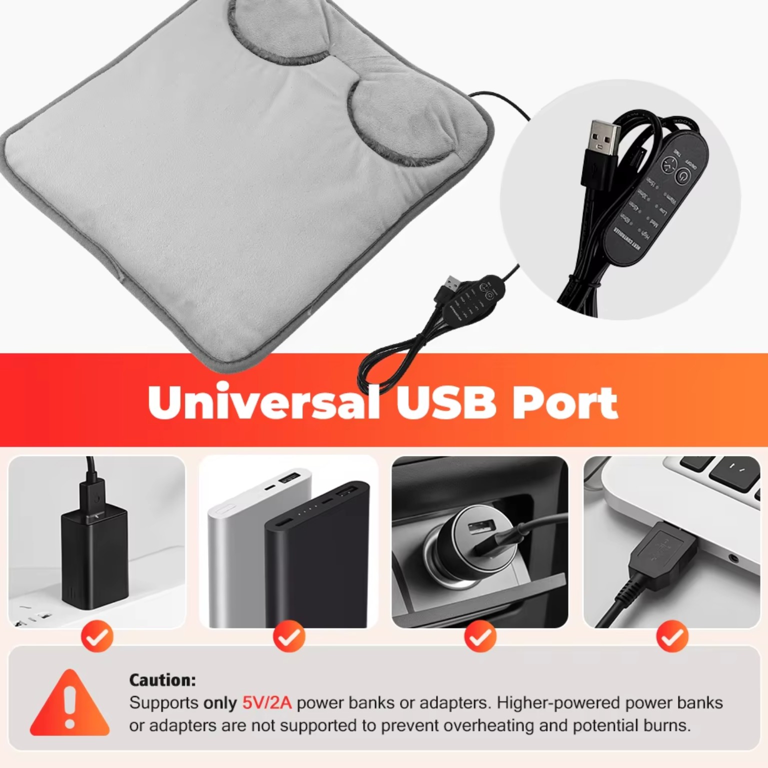 USB powered foot heating pad and controller