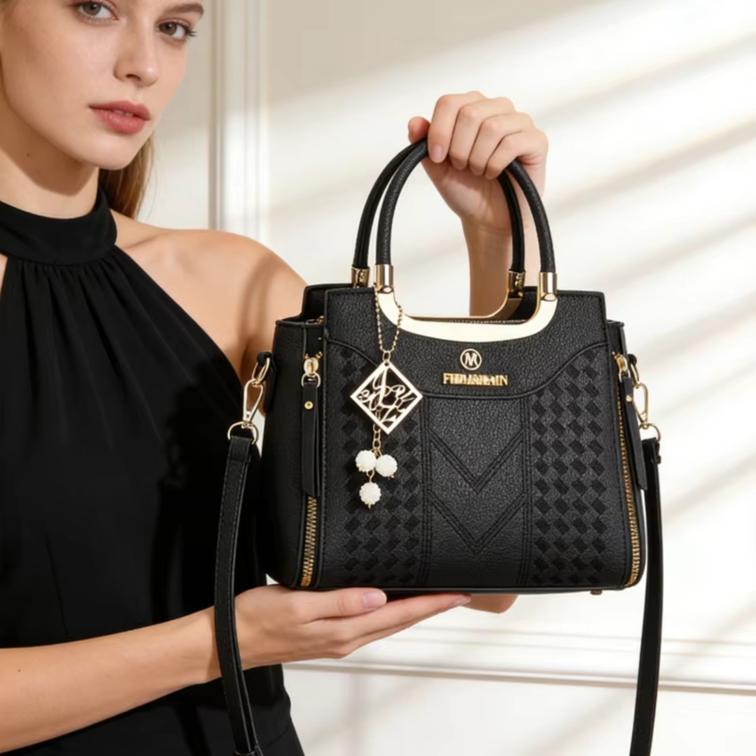 3-piece women's handbag set in black lychee-grain PU leather