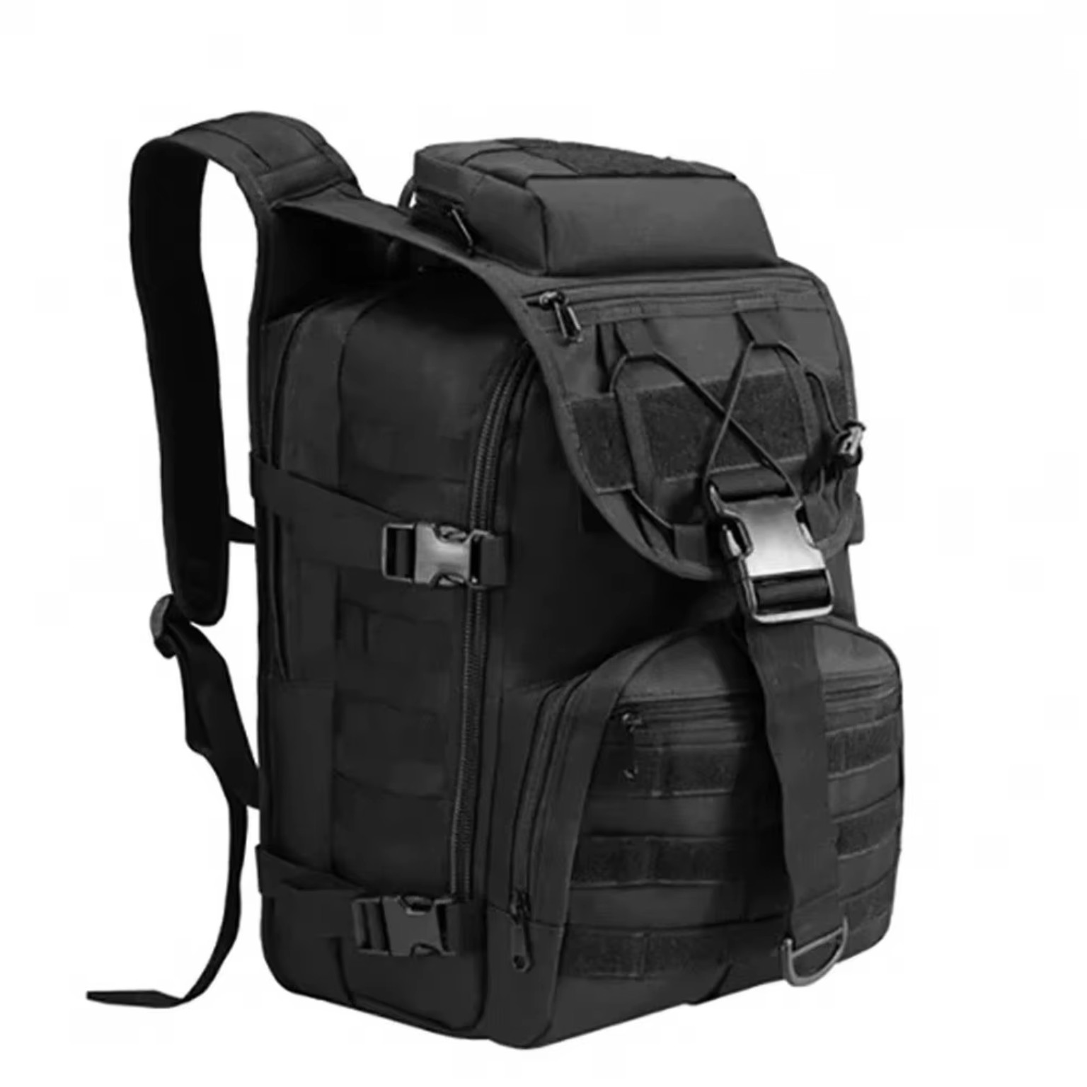 Black tactical backpack front three-quarter view