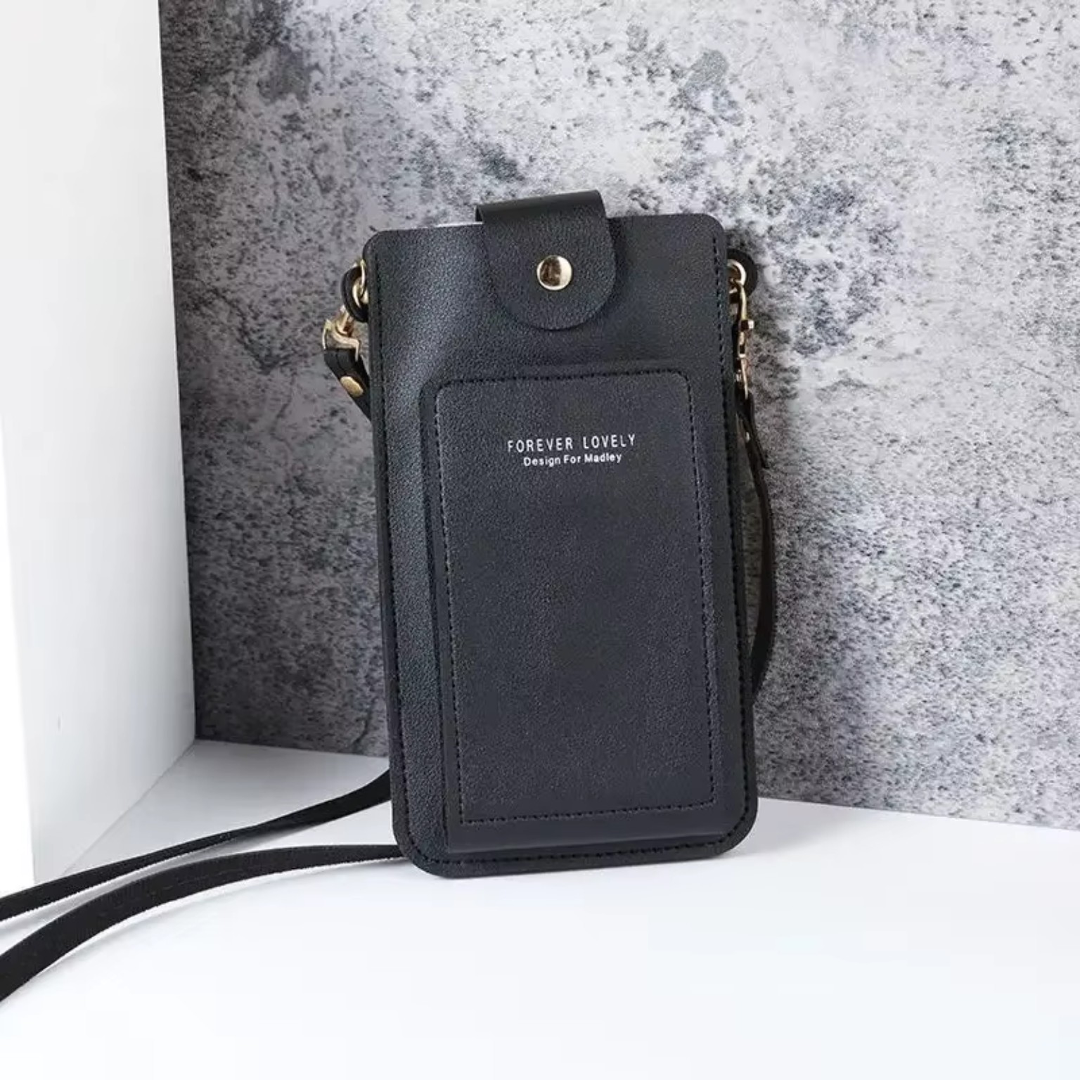 Women's crossbody mobile phone bag in black PU leather