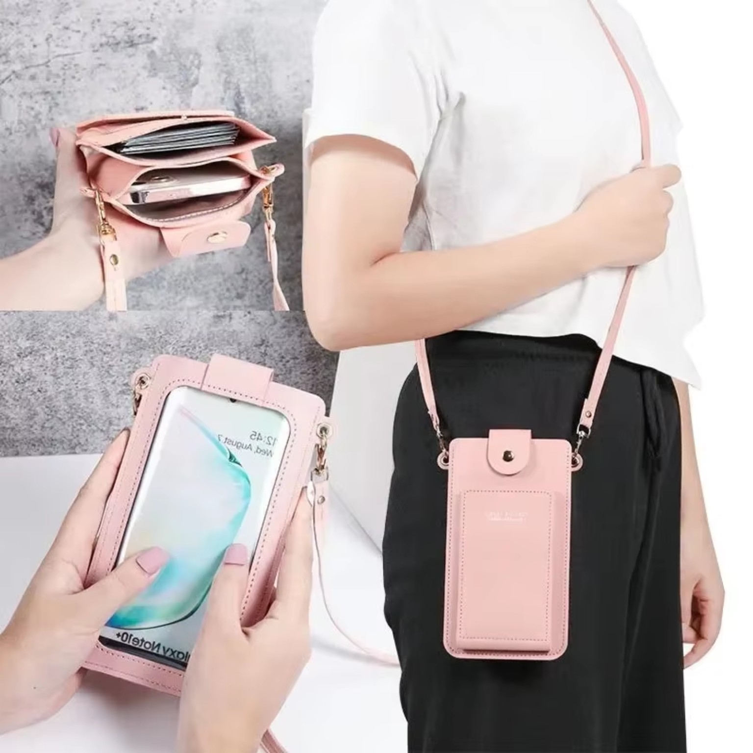 Pink crossbody mobile phone bag worn as a shoulder bag