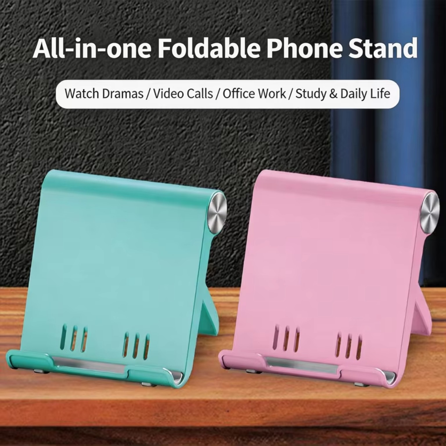 Foldable phone stand in pink and mint colors