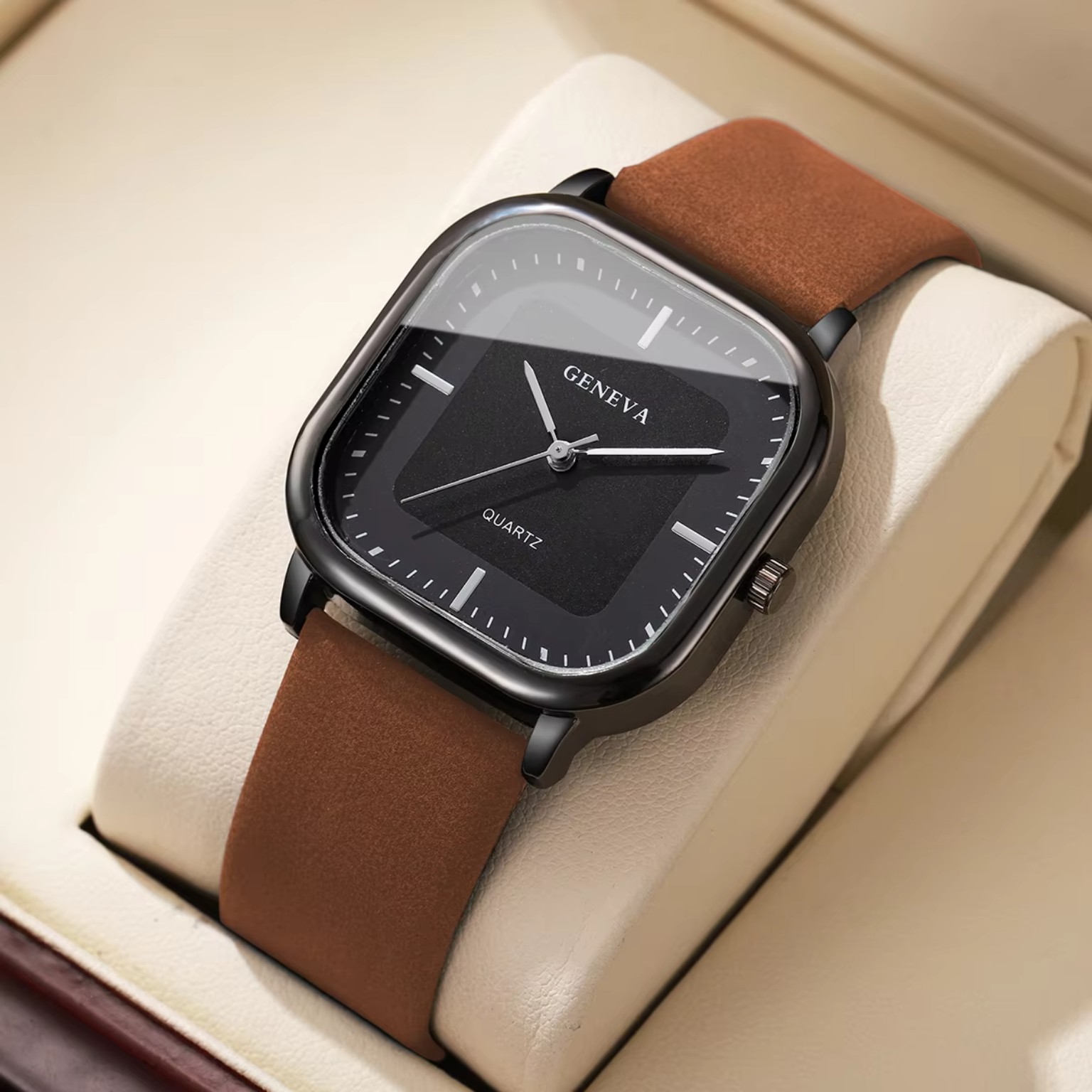 Geneva square dial watch white face blue strap wrist view