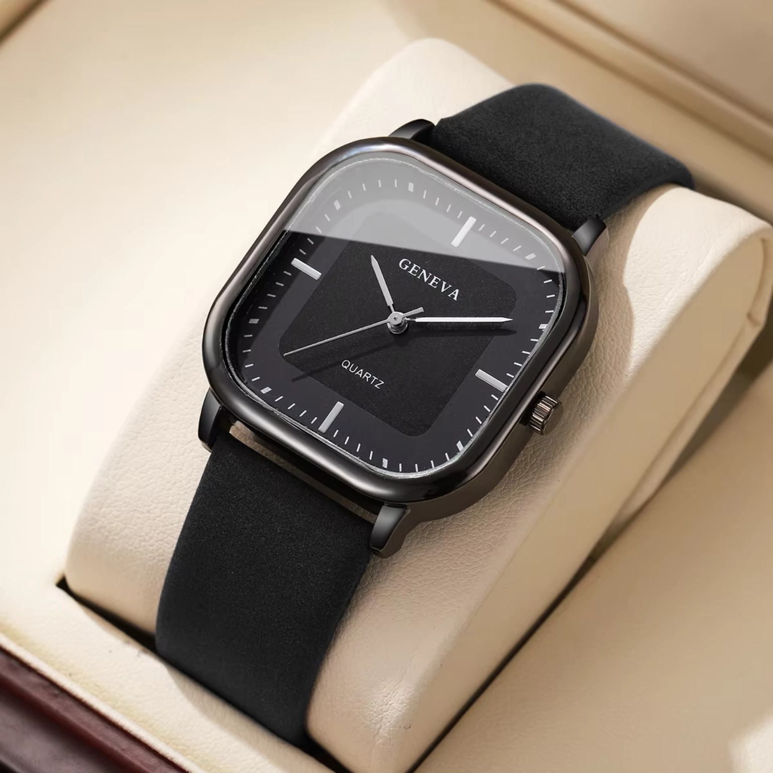 Geneva square dial watch black strap wrist view