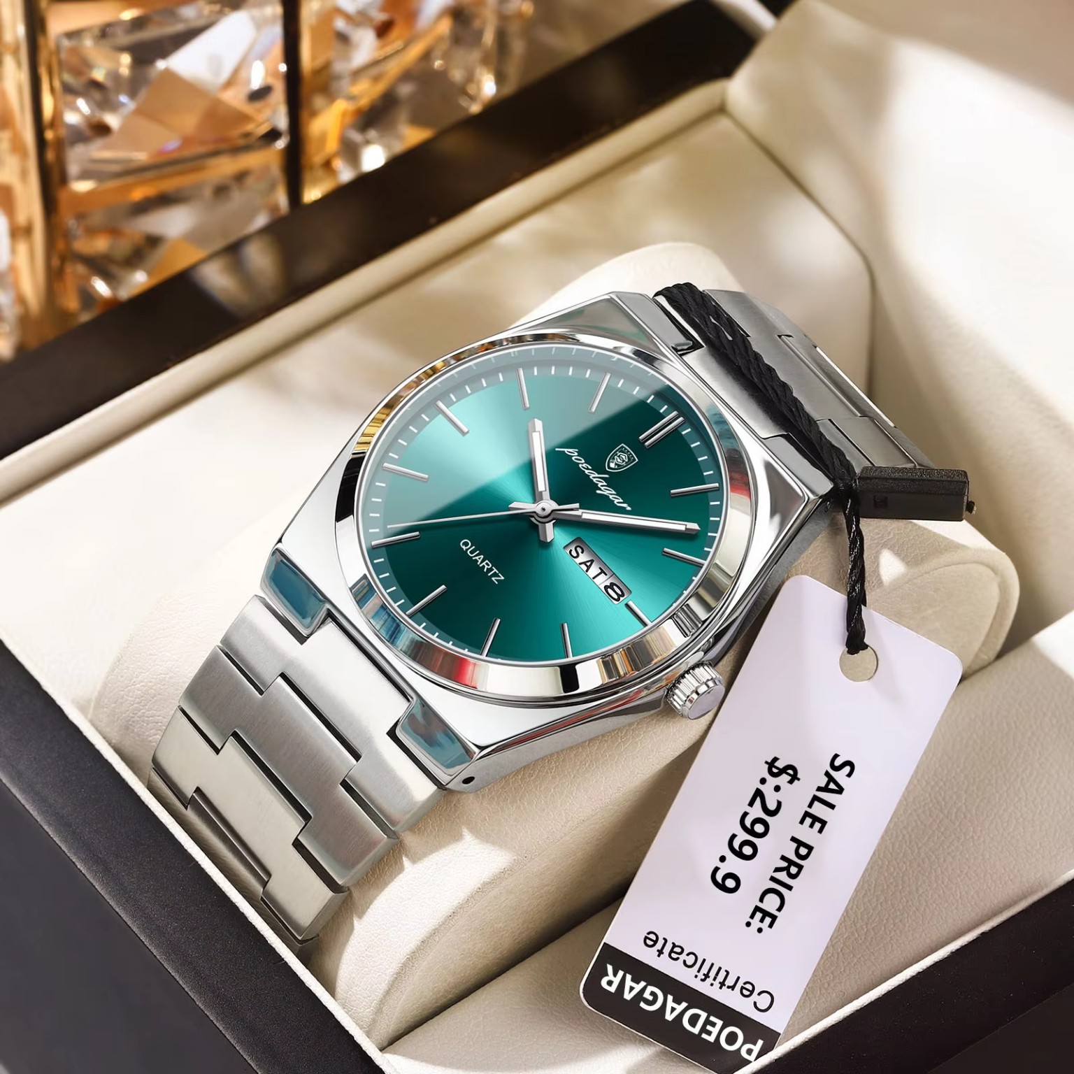 POEDAGAR luxury men's stainless steel quartz watch with green dial