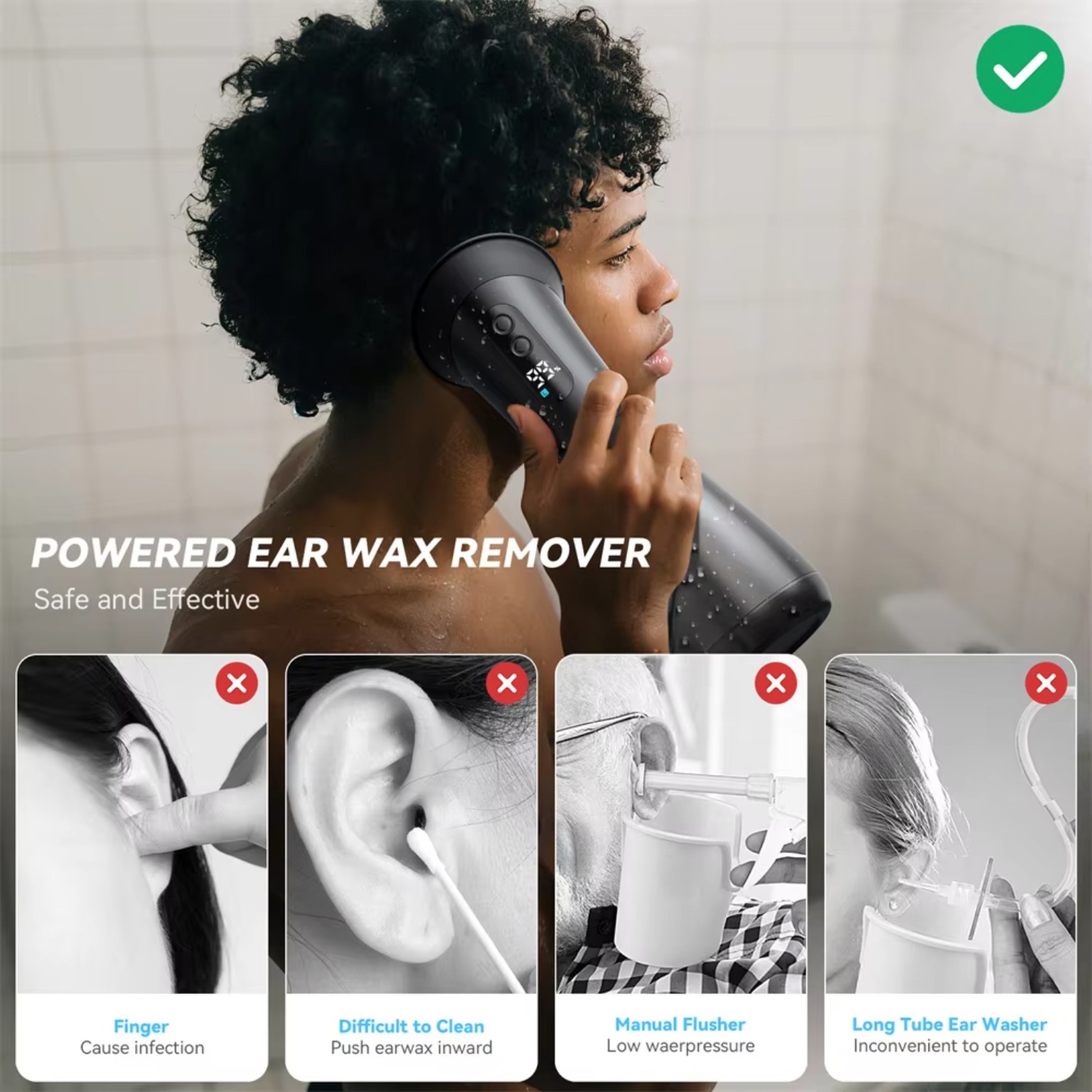 Powered ear wax remover in use