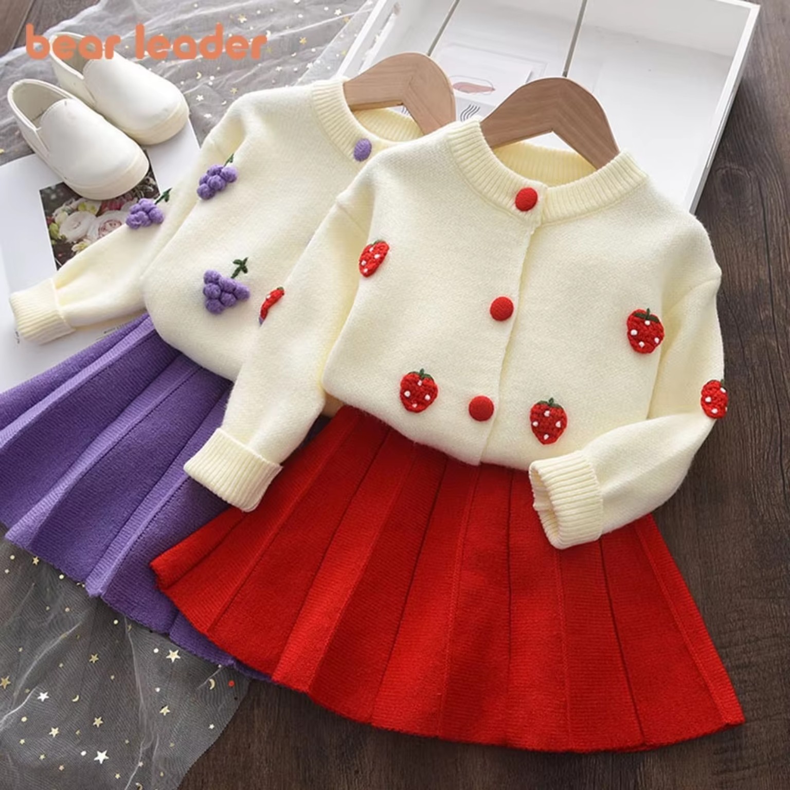 Bear Leader baby girls red strawberry cardigan skirt set